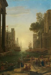 Landschap met de inscheping van de heilige Paula Romana in Ostia